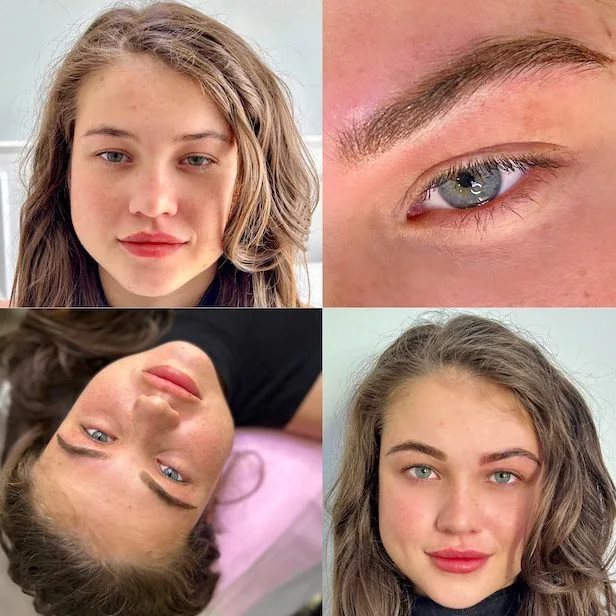 Before and after ombré brow transformation collage
